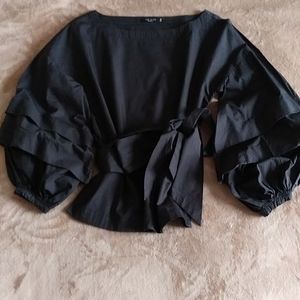 Max Jeans Puff sleeve wrap black blouse. Size XS